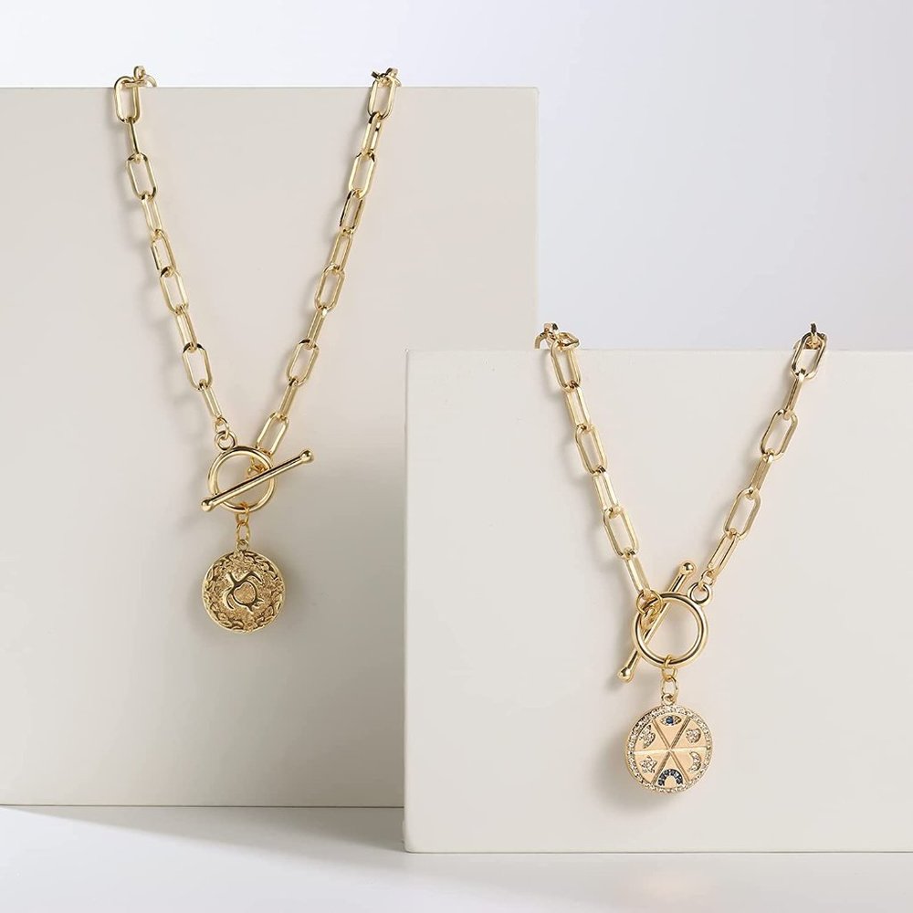 18K Gold Plated Sun Moon Star Evil Eye Pendant Necklace Medallion Paperclip